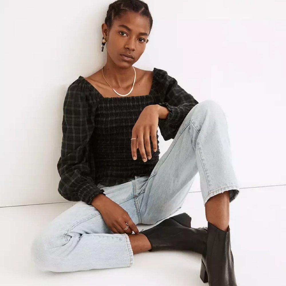 Madewell Lucie Bubble-Sleeve Smocked Top in Plaid